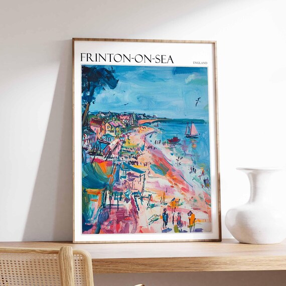 Frinton On Sea Impressionist Busy Beach Sailboat Bright Colors Travel Poster
