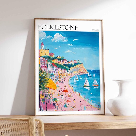 Folkestone England Colorful Beach Sailboats Seaside Town Scene Poster