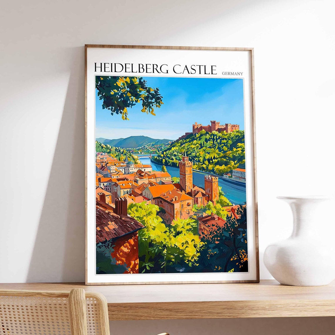 Heidelberg Castle Graphic River Town Scene Germany Travel Poster