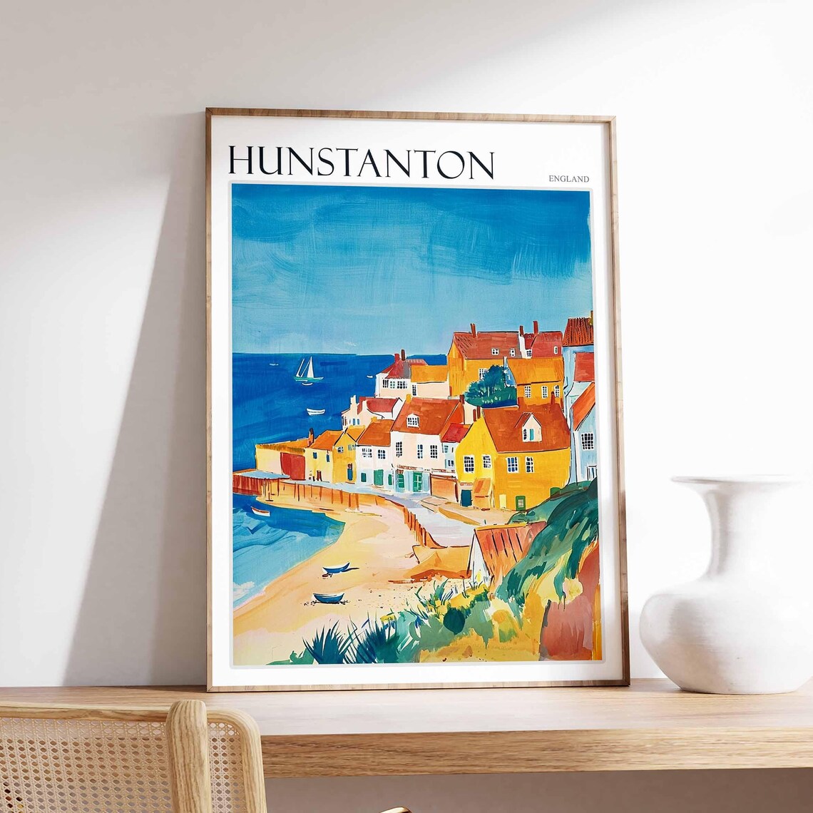 Hunstanton England Golden Village Houses Sandy Cove Sailing Poster