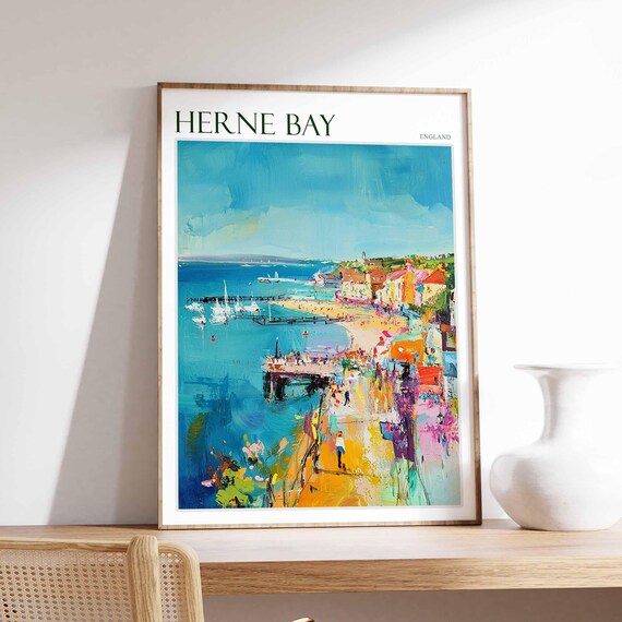 Herne Bay England Busy Pier Crowds Town Sailboats Colour Poster