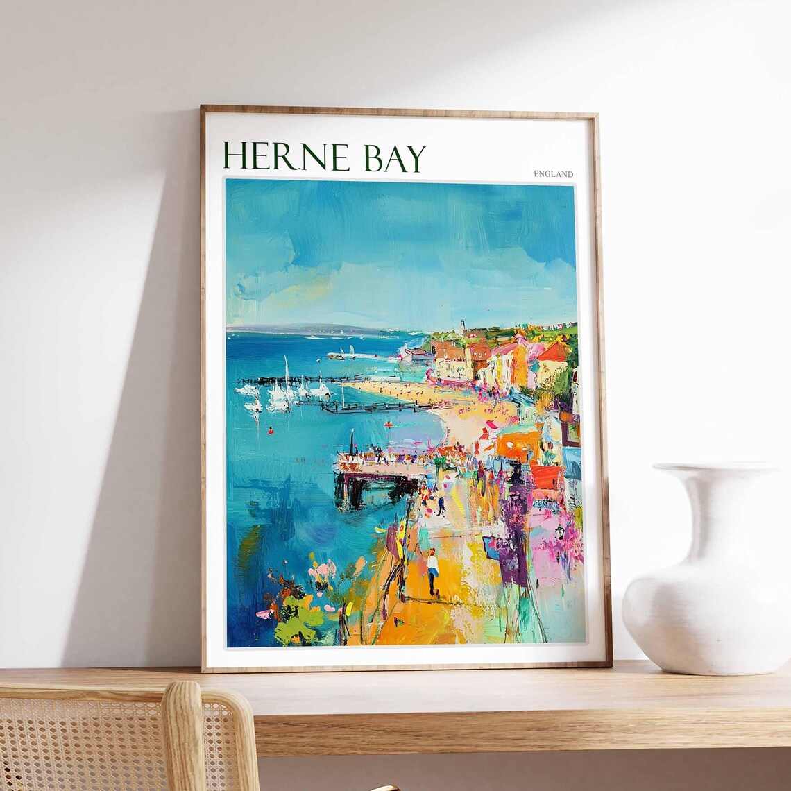 Herne Bay England Busy Pier Crowds Town Sailboats Colour Poster