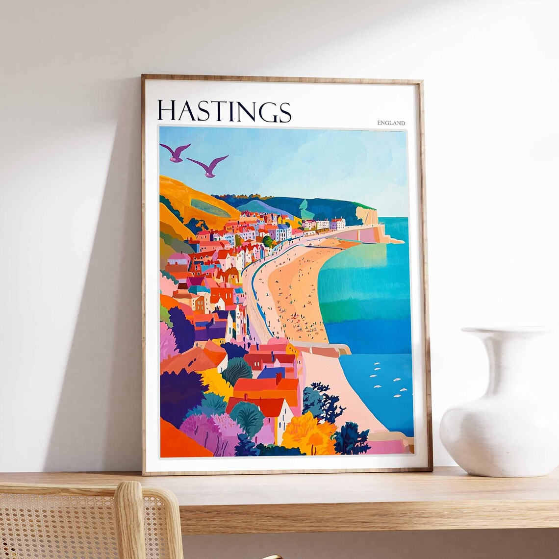 Hastings England Curved Bay Beach Colorful Town Panorama Poster