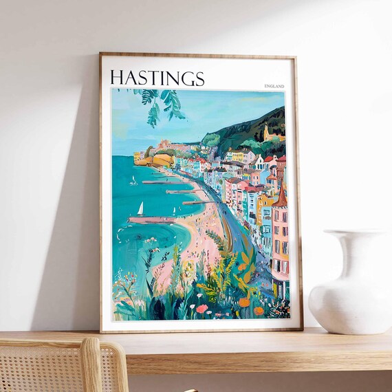 Hastings Pier Sailboats Blooming Gardens Colorful Seafront Travel Poster