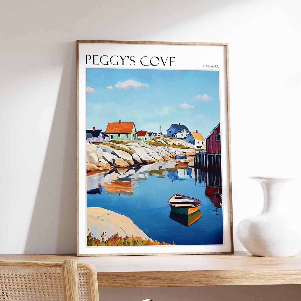Peggy's Cove Canada Lone Rowboat on Mirror Calm Water Poster