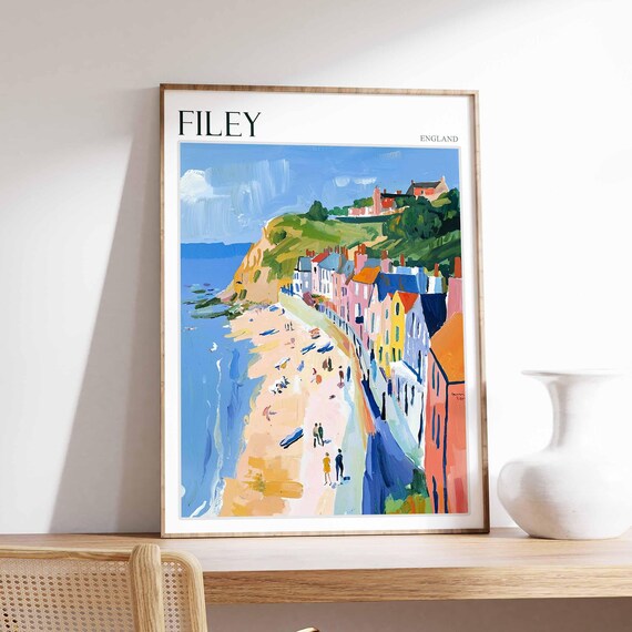 Filey Beach Stroll Colorful Houses Sandy Shore Yorkshire Seaside Poster