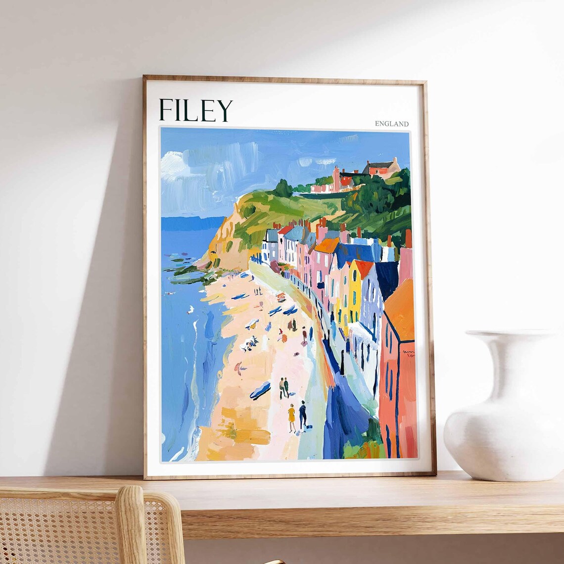 Filey Beach Stroll Colorful Houses Sandy Shore Yorkshire Seaside Poster