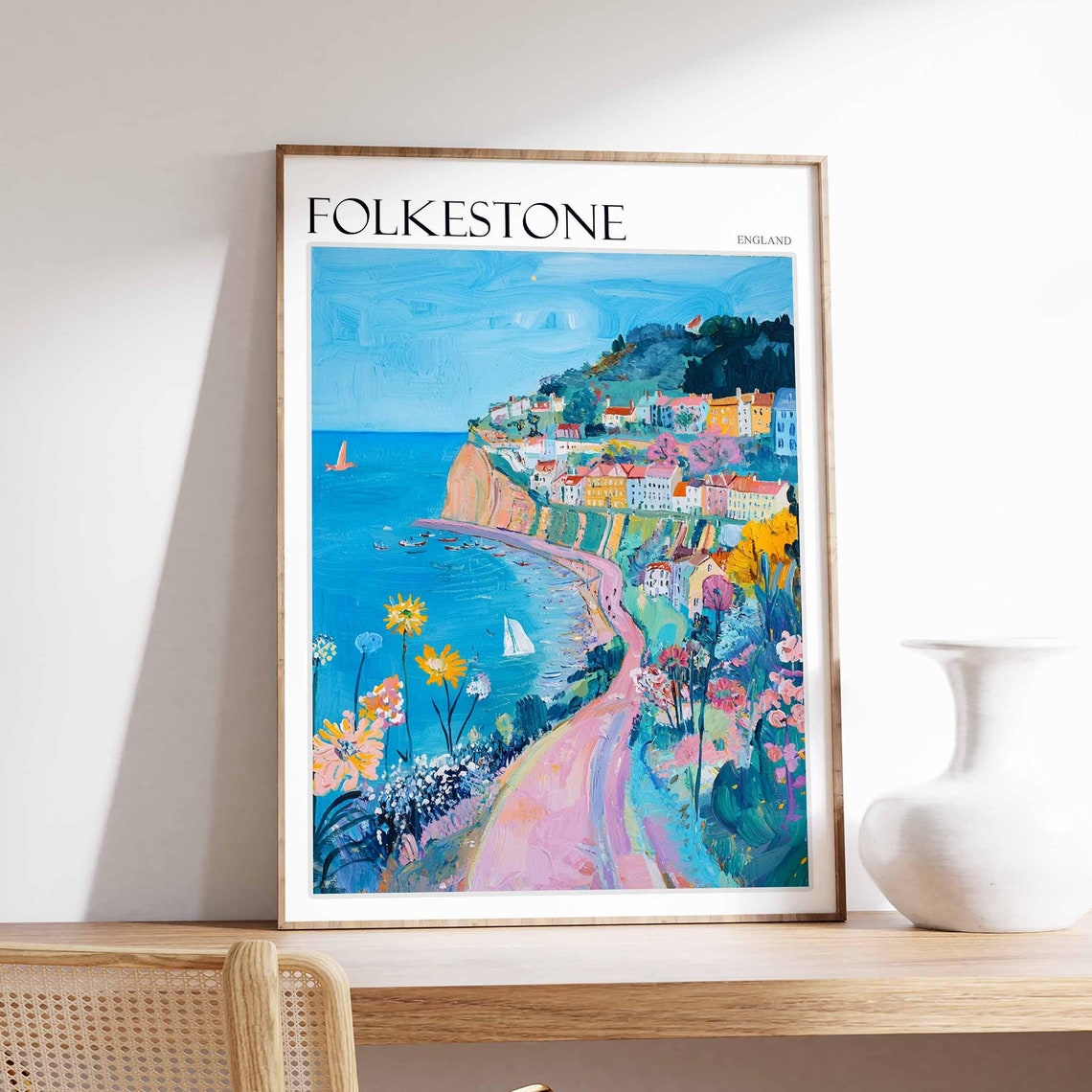 Folkestone England Wildflower Path Harbor Sailboats Art Poster