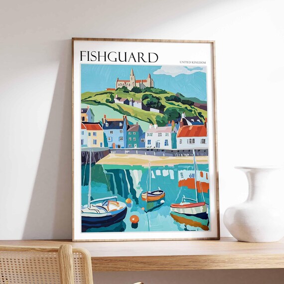 Fishguard Harbor Sailboats Historic Hilltop Church Wales Travel Poster