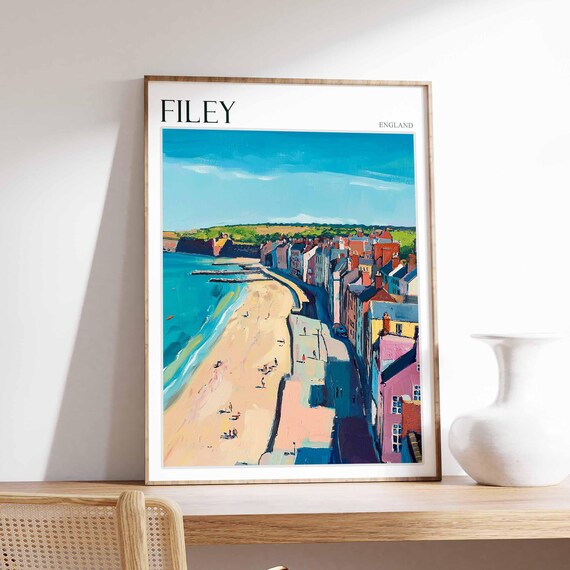 Filey England Aerial Beach Town Street Shadows Pastel Painting Poster