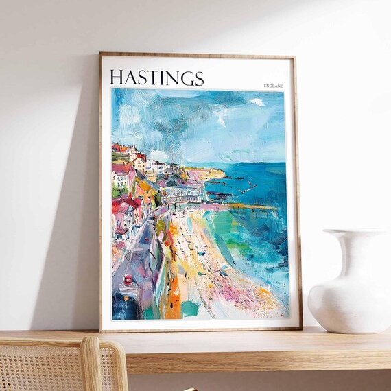 Hastings Impressionist Beach Pier Sunbathers Colorful Seaside Travel Poster