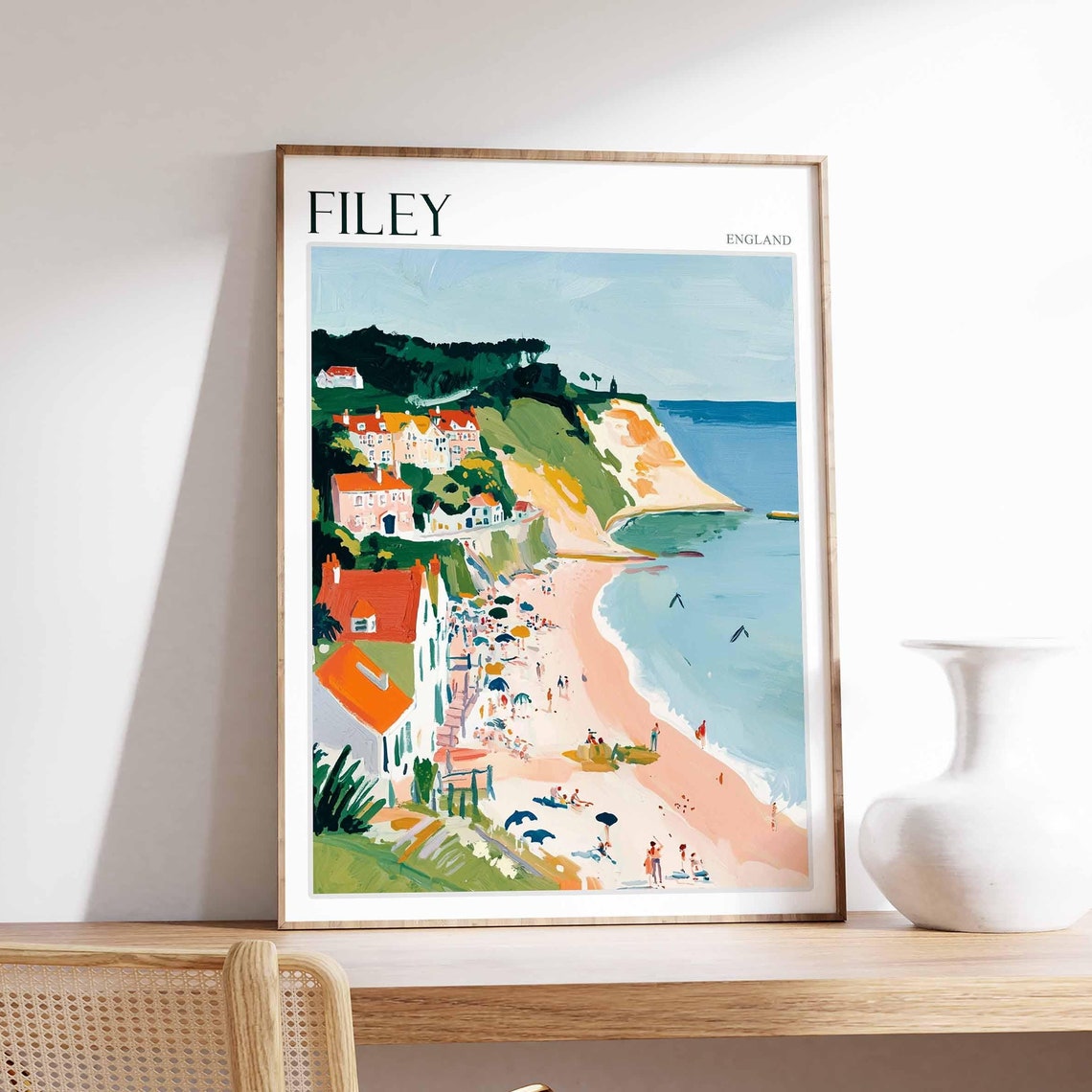 Filey England Beach Town Red Roofs Cliffs Parasols Painting Poster