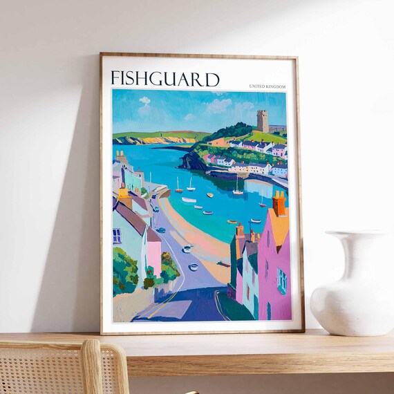 Fishguard Steep Street Bay Cliff Tower Welsh Harbor Town Travel Poster