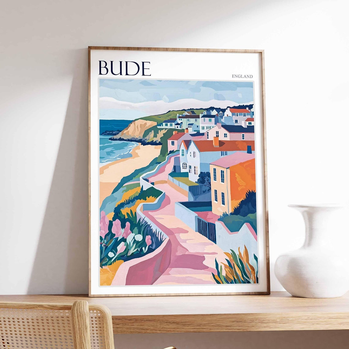 Bude Cornwall England Seaside Cottages and Pink Path to Beach Poster
