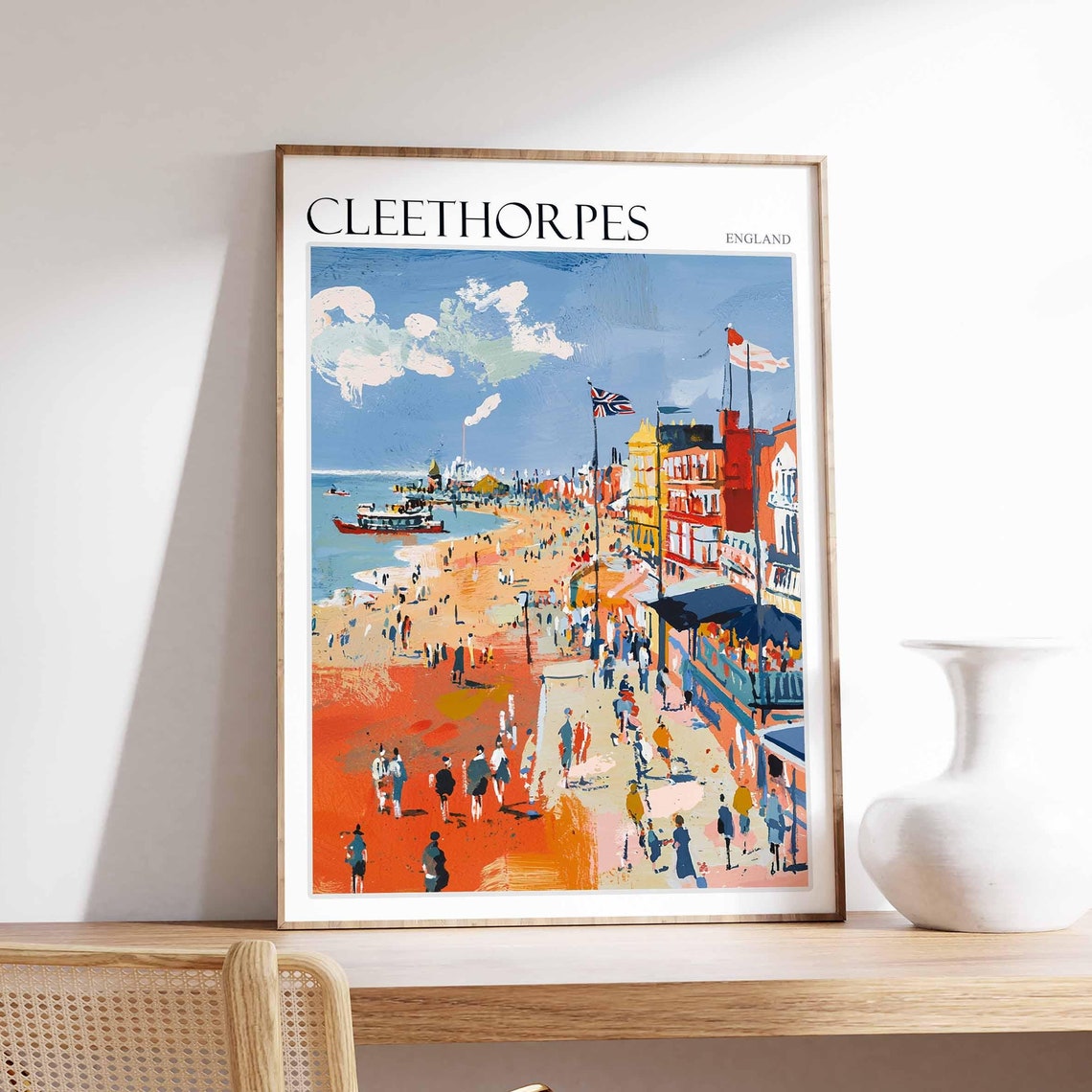 Cleethorpes England Union Jack Seafront Busy Beach Day Travel Poster
