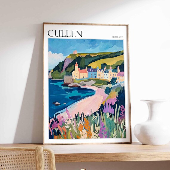 Cullen Scotland Pink Sand Beach and Colorful Village Art Poster