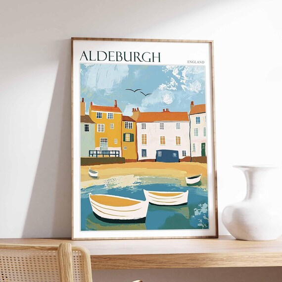 Aldeburgh Suffolk Harbour Boats and Pastel Houses Naive Travel Poster