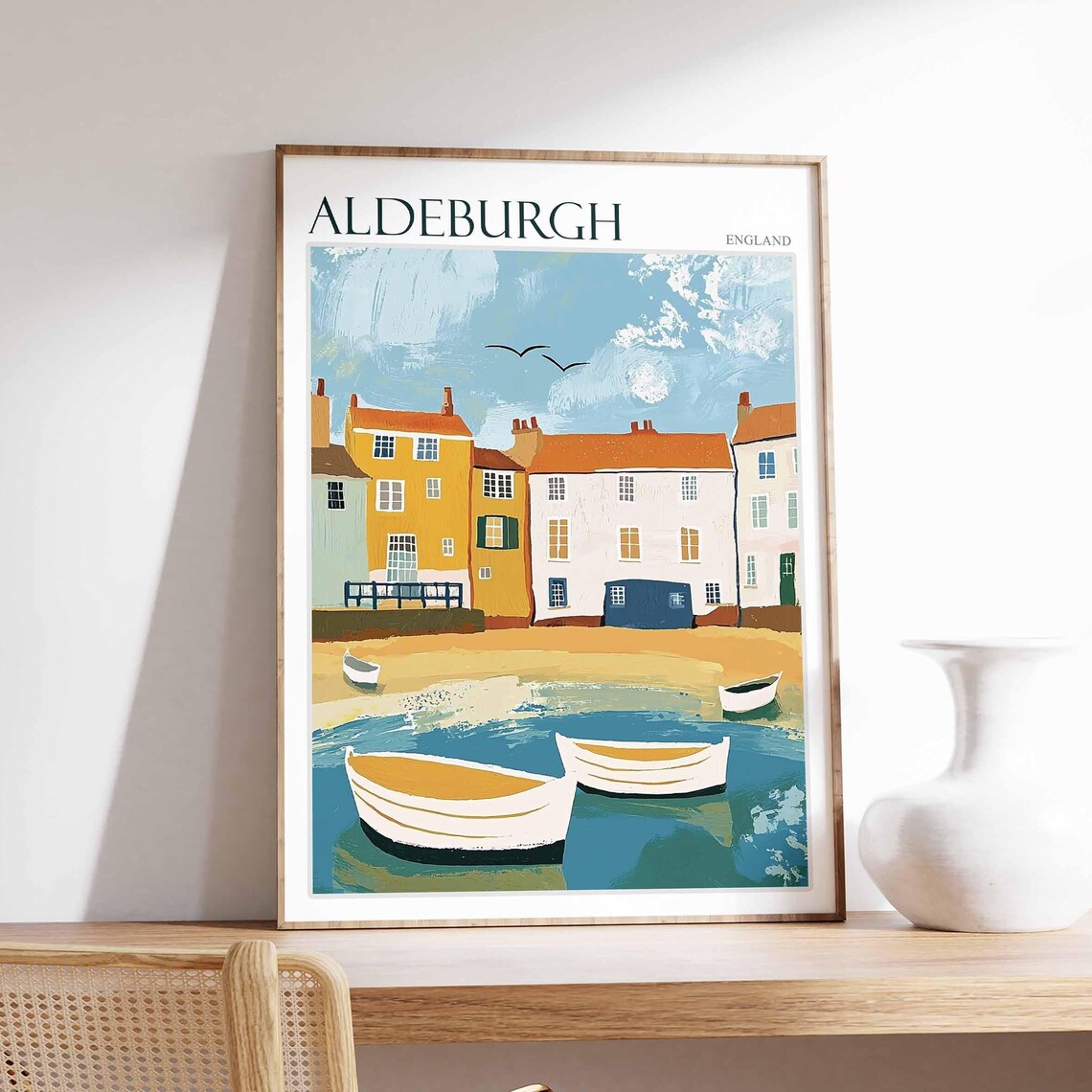 Aldeburgh Suffolk Harbour Boats and Pastel Houses Naive Travel Poster