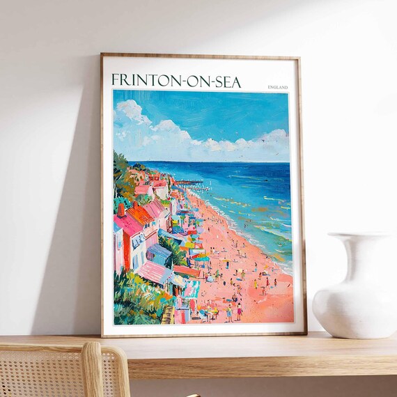 Frinton On Sea Aerial View Beach Umbrellas Colorful Town Pier Travel Poster