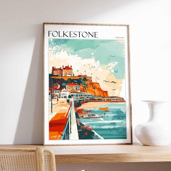 Folkestone England Harbour Pier Boats Cliffs Warm Tones Poster