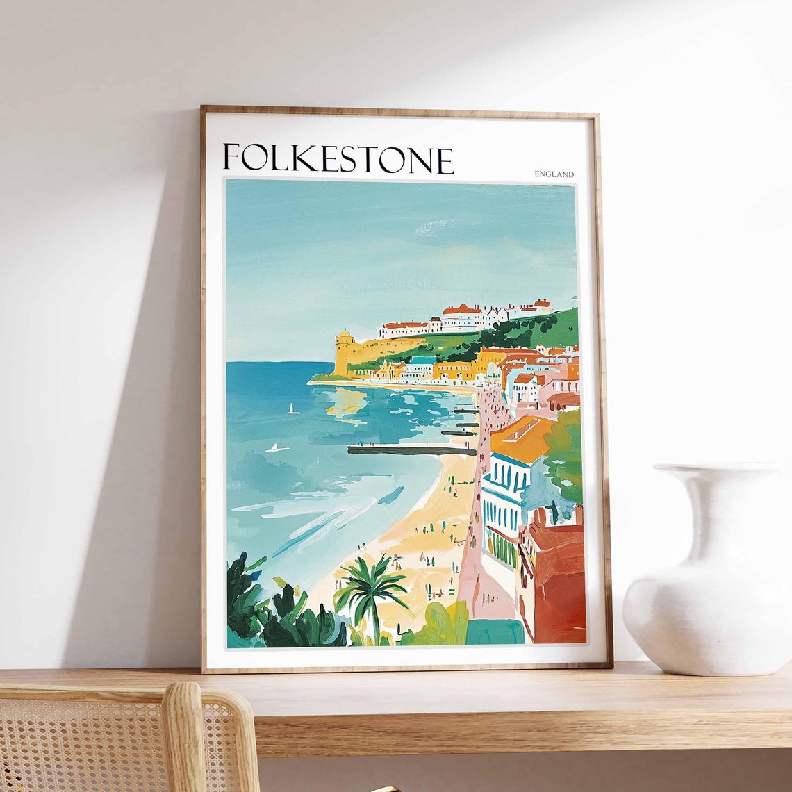 Folkestone England Turquoise Harbour Beach Seaside Travel Poster