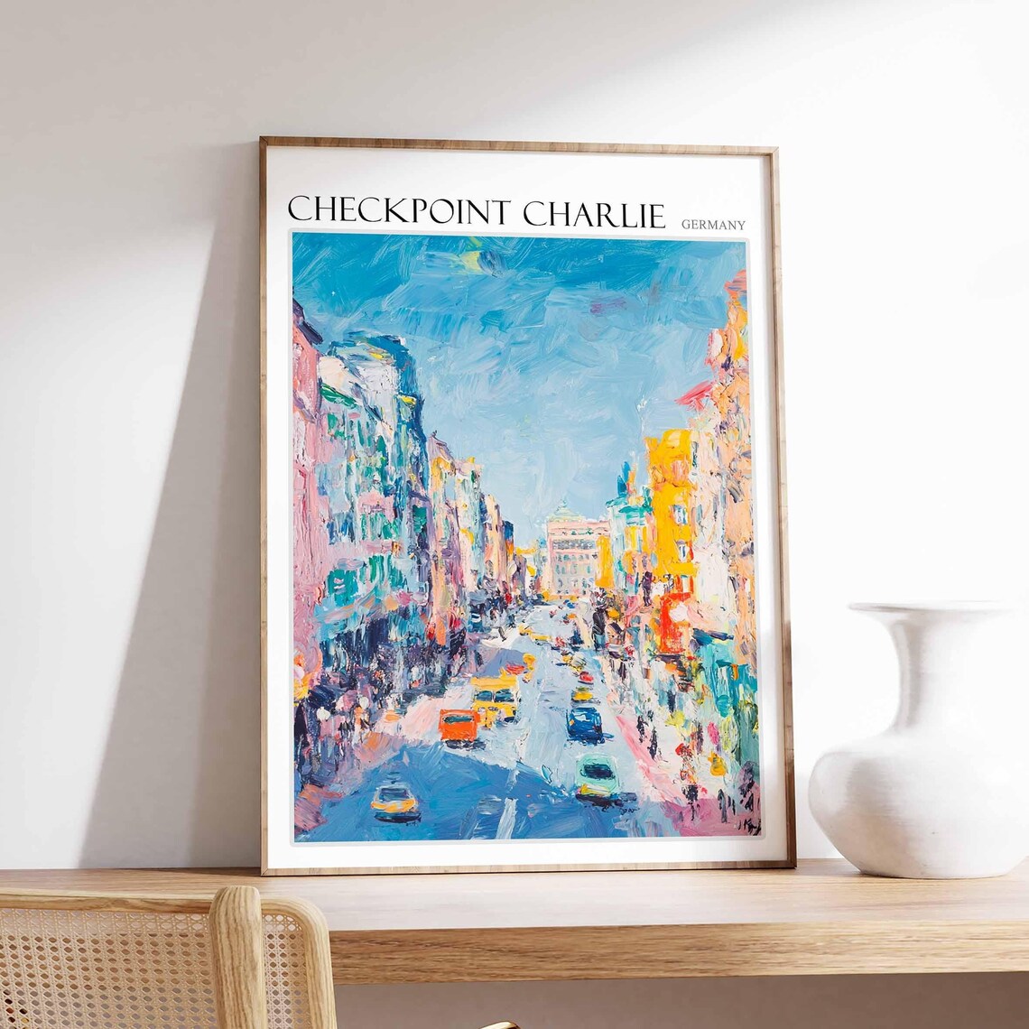 Checkpoint Charlie Berlin Bright Street Taxis City Scene Poster