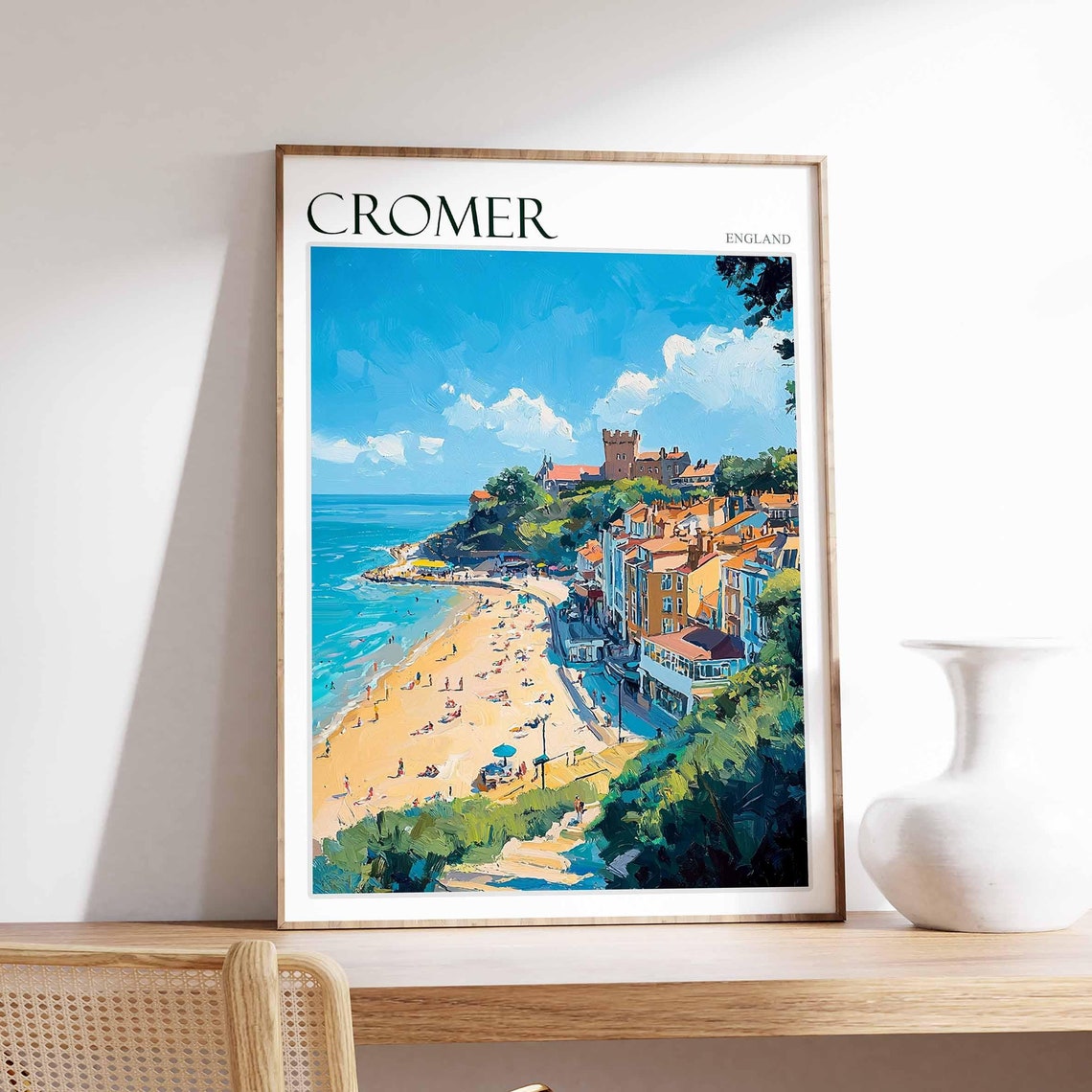Cromer England Beach with Castle Hill and Red Rooftops Poster
