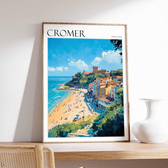 Cromer England Beach with Castle Hill and Red Rooftops Poster