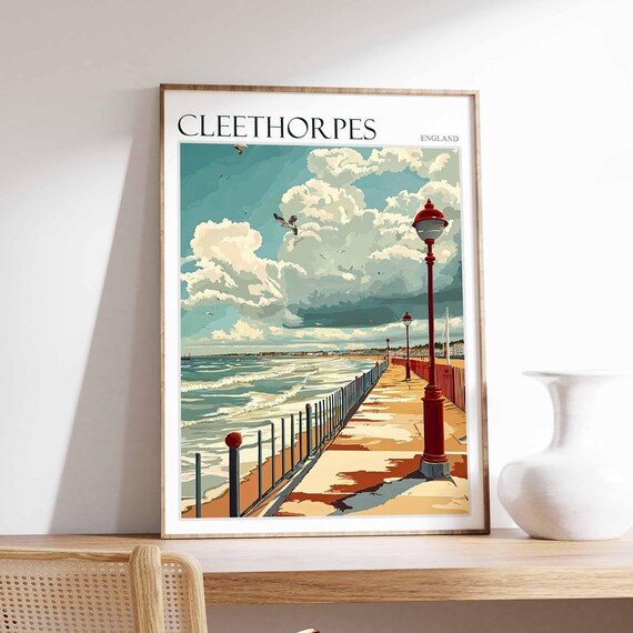 Cleethorpes England Vintage Promenade Red Lampposts Gulls Travel Poster