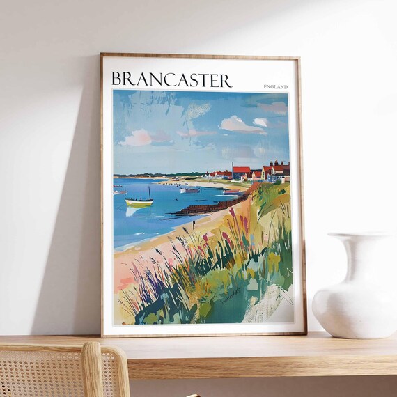 Brancaster England Harbor Boats Beach Grass and Seaside Cottages Poster