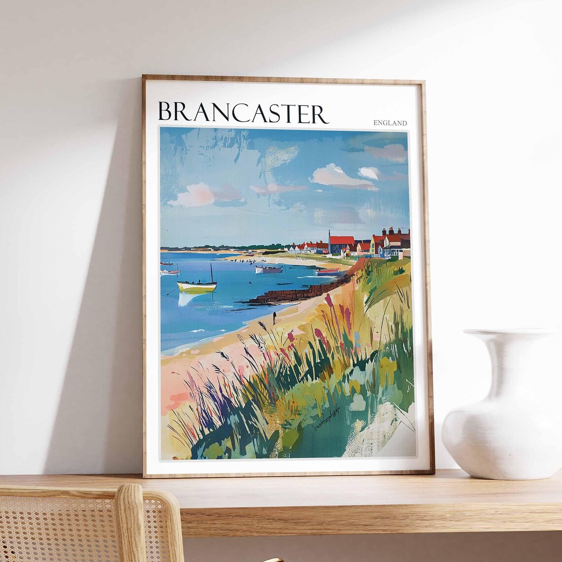 Brancaster England Harbor Boats Beach Grass and Seaside Cottages Poster