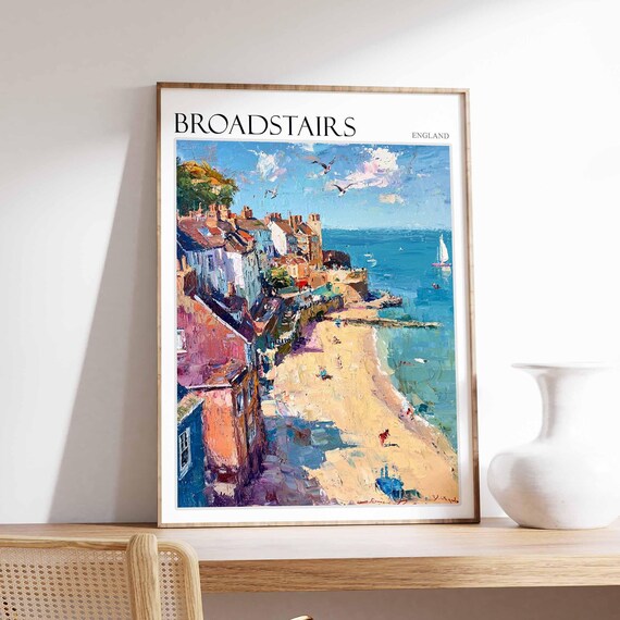 Broadstairs Kent Impasto Aerial Beach View Sailboat Oil Painting Poster