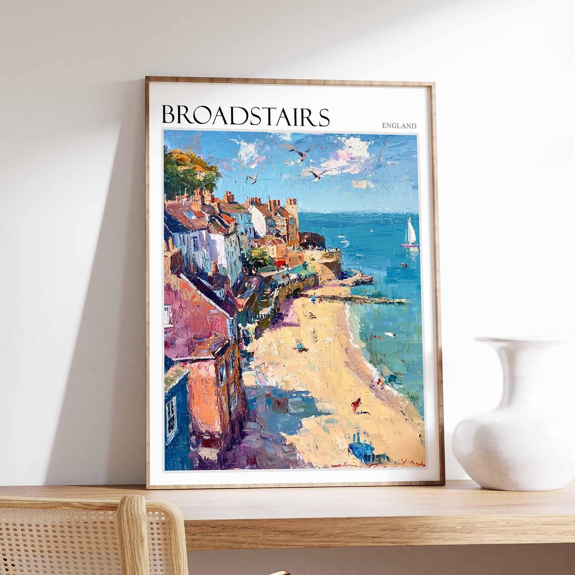 Broadstairs Kent Impasto Aerial Beach View Sailboat Oil Painting Poster
