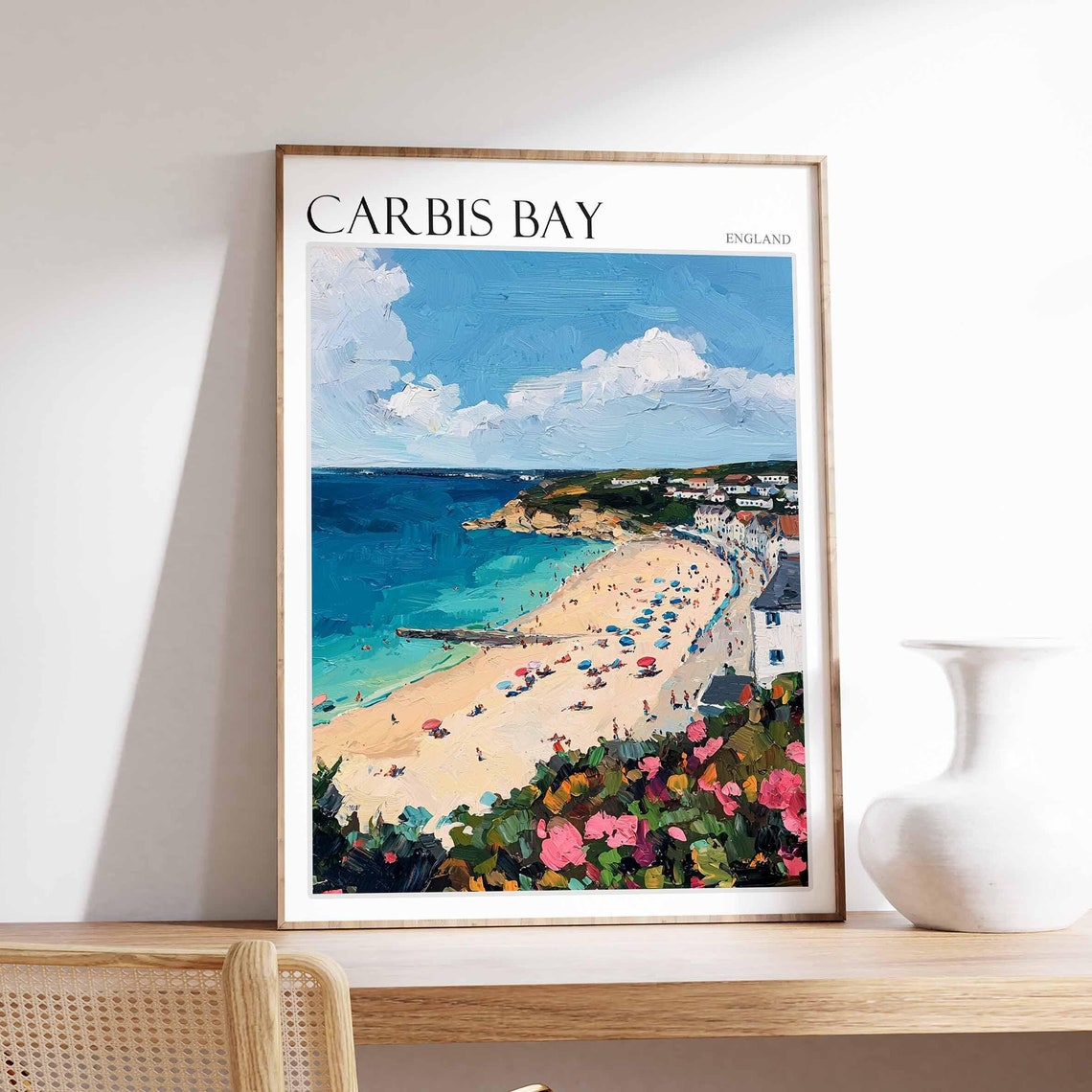 Carbis Bay England Summer Beach Umbrellas Bay View Travel Art Poster