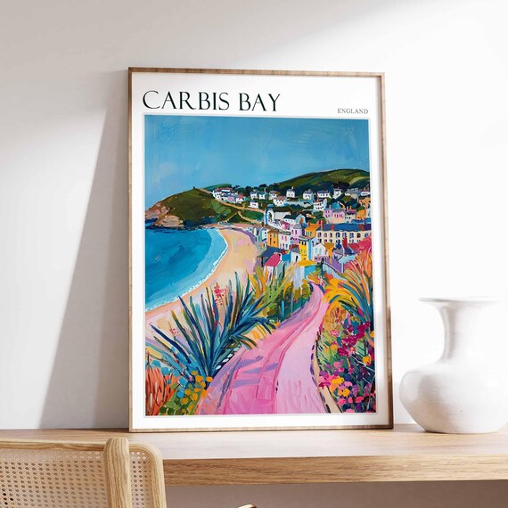 Carbis Bay England Seaside Colorful Hillside Town Pink Path Art Poster