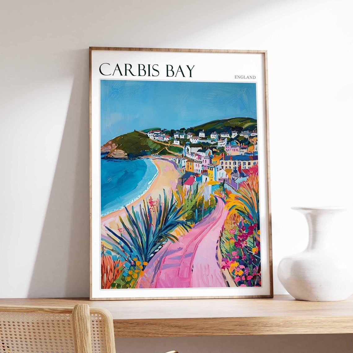 Carbis Bay England Seaside Colorful Hillside Town Pink Path Art Poster