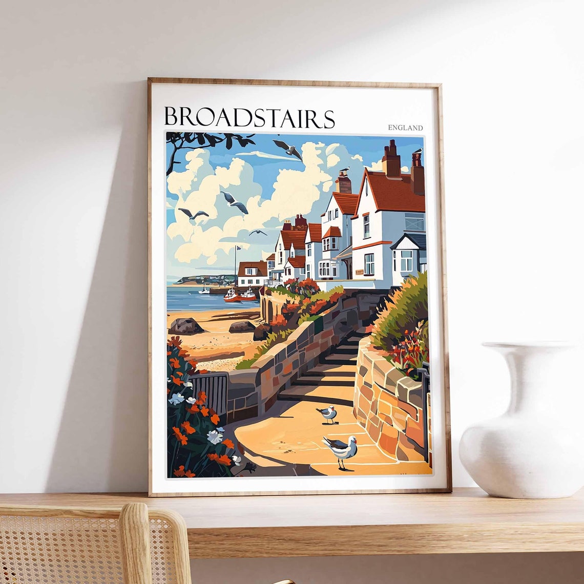 Broadstairs Kent Stone Steps to the Beach Seagulls Illustration Poster