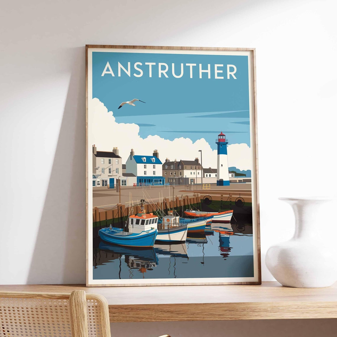 Anstruther Scotland Harbor Colorful Fishing Boats Lighthouse Poster