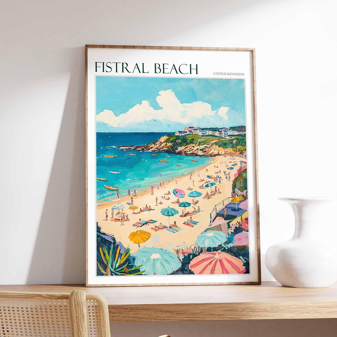 Fistral Beach United Kingdom Beach Umbrellas Cliff Art Poster