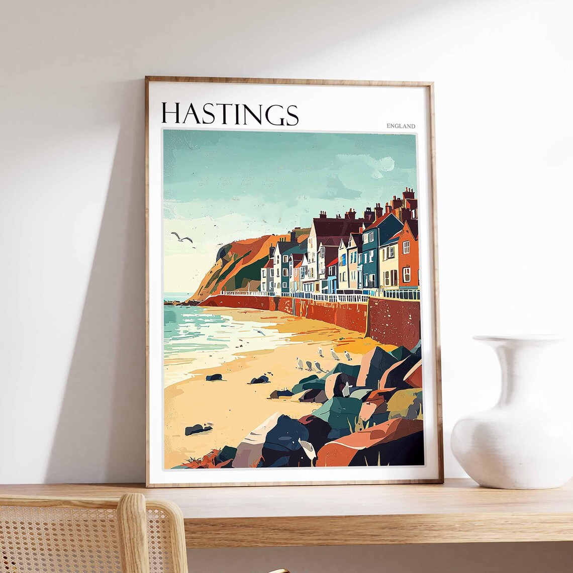 Hastings Retro Houses Sandy Shore Seagulls Vintage Style Seaside Poster
