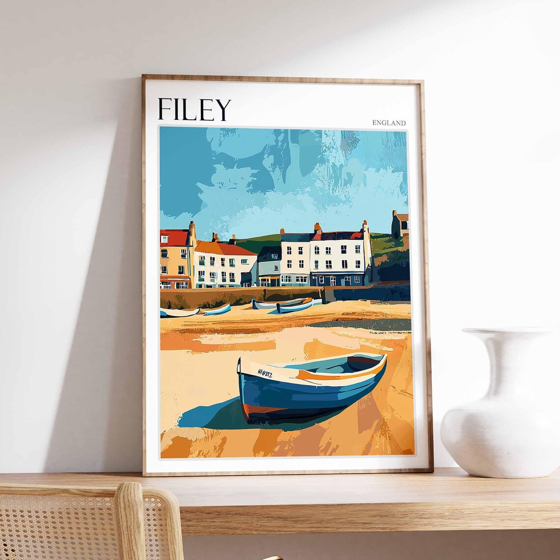 Filey England Fishing Boats Harbor Cottages Bold Modern Poster