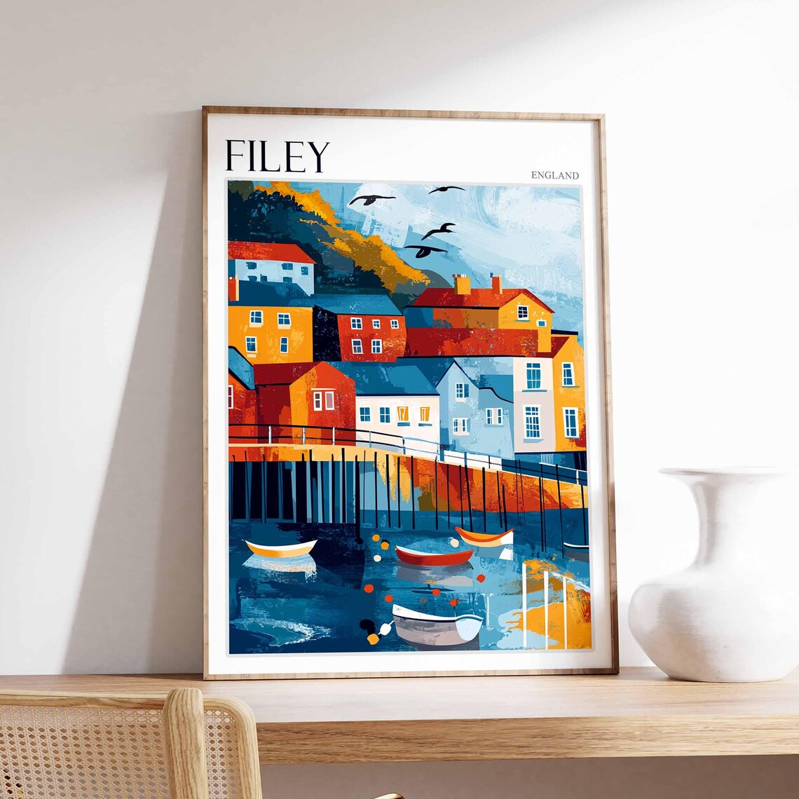 Filey England Night Harbor Boats Expressionist Red Blue Poster