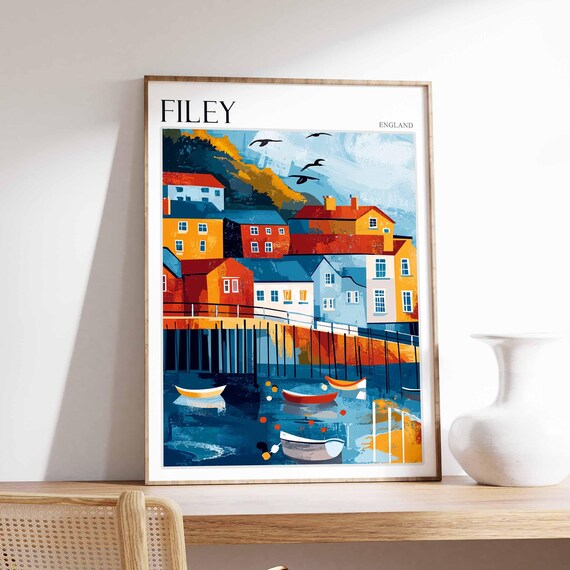 Filey England Night Harbor Boats Expressionist Red Blue Poster