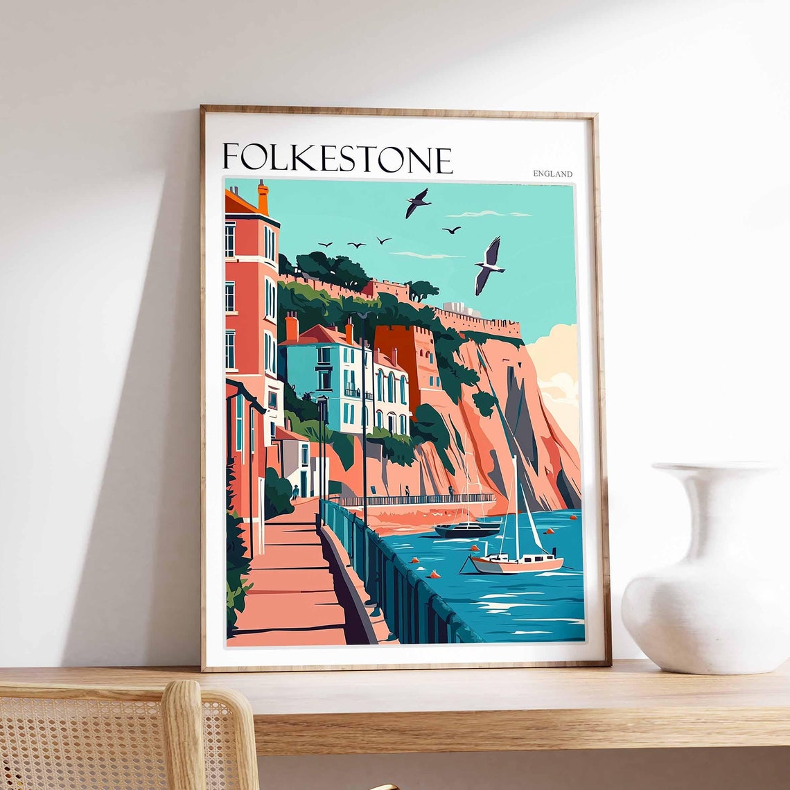 Folkestone England Seafront Walk Cliffs Sailboat Flat Art Poster