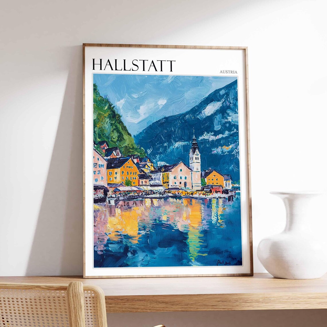 Hallstatt Austria Lake Reflections Church Impasto Art Poster