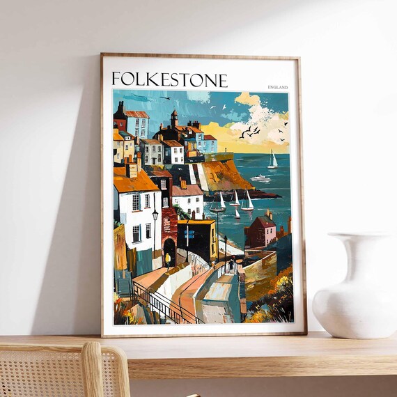 Folkestone England Harbor Street Sailboats Old Town Art Poster