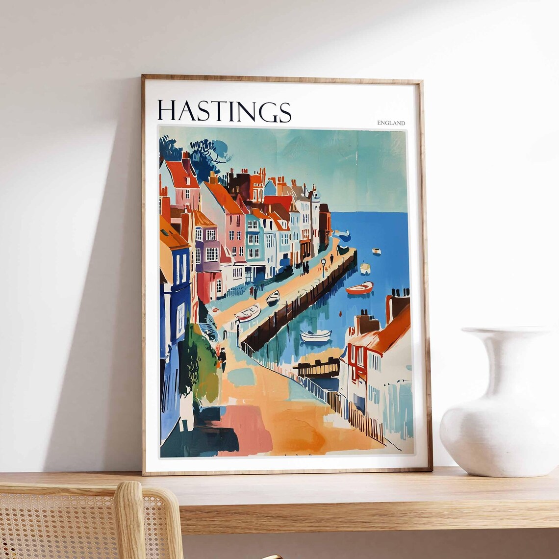 Hastings England Harbour Boats Colourful Red Roof Streets Poster