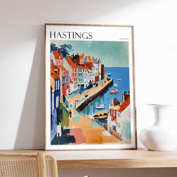 Hastings England Harbour Boats Colourful Red Roof Streets Poster