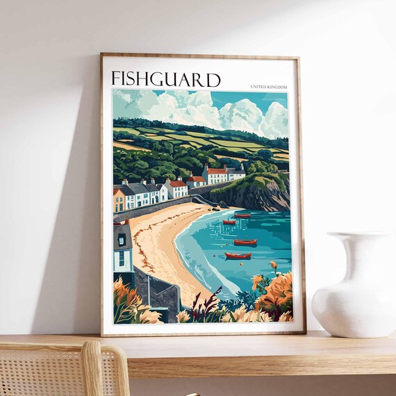 Fishguard Sandy Beach Red Boats White Cottages Green Hills Travel Poster