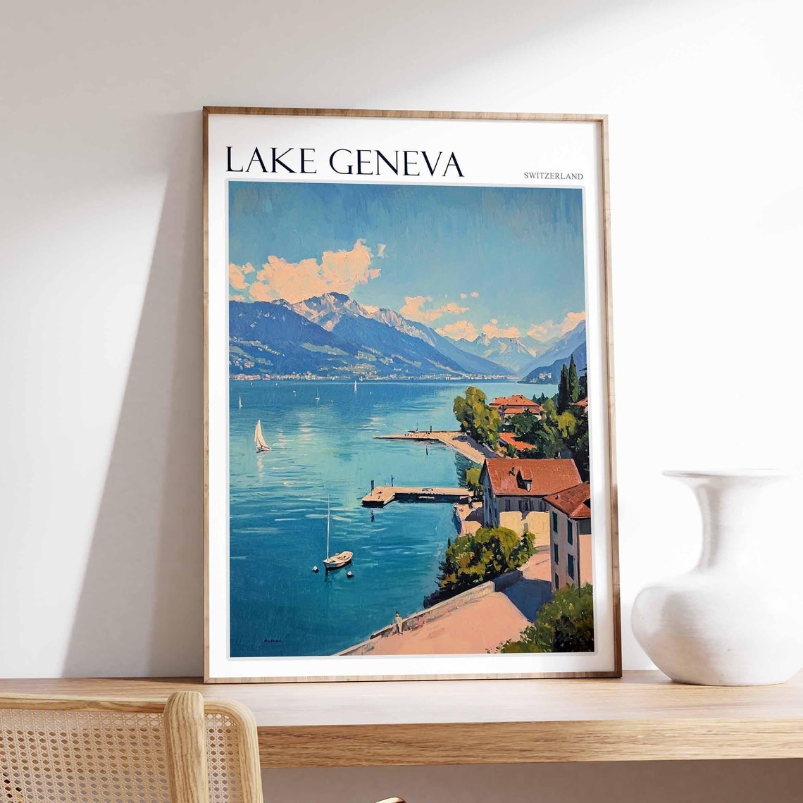 Lake Geneva Poster Switzerland Travel Print Swiss Decor Europe Travel Poster European Wall Art Lake Geneva Travel Poster